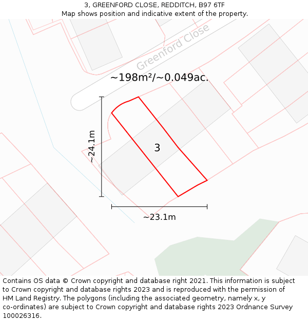 3, GREENFORD CLOSE, REDDITCH, B97 6TF: Plot and title map