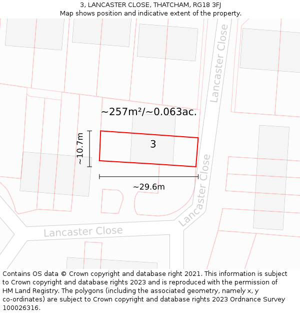 3, LANCASTER CLOSE, THATCHAM, RG18 3FJ: Plot and title map