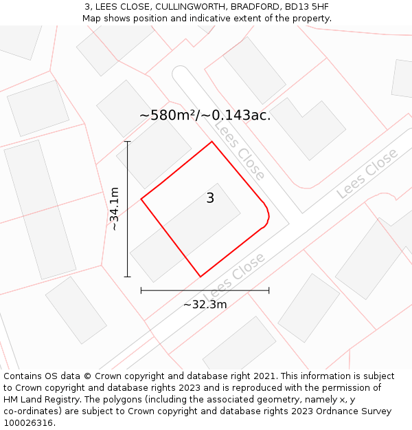 3, LEES CLOSE, CULLINGWORTH, BRADFORD, BD13 5HF: Plot and title map