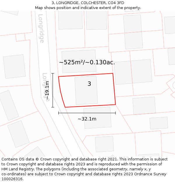 3, LONGRIDGE, COLCHESTER, CO4 3FD: Plot and title map
