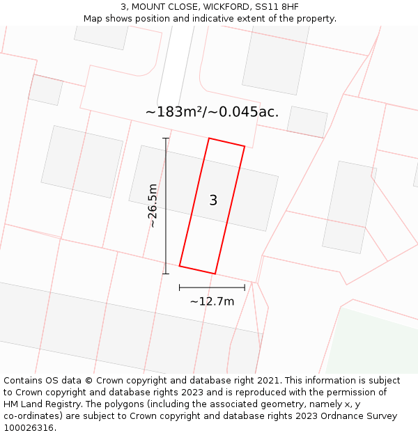 3, MOUNT CLOSE, WICKFORD, SS11 8HF: Plot and title map