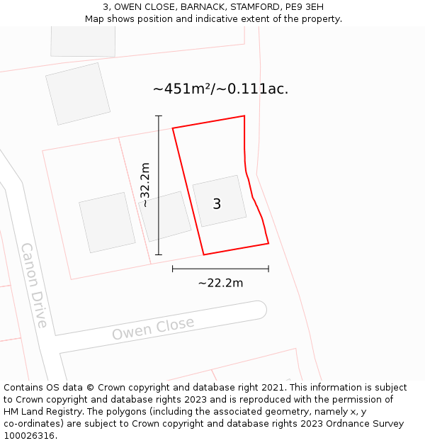 3, OWEN CLOSE, BARNACK, STAMFORD, PE9 3EH: Plot and title map