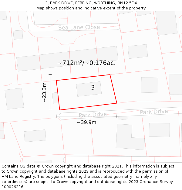 3, PARK DRIVE, FERRING, WORTHING, BN12 5DX: Plot and title map