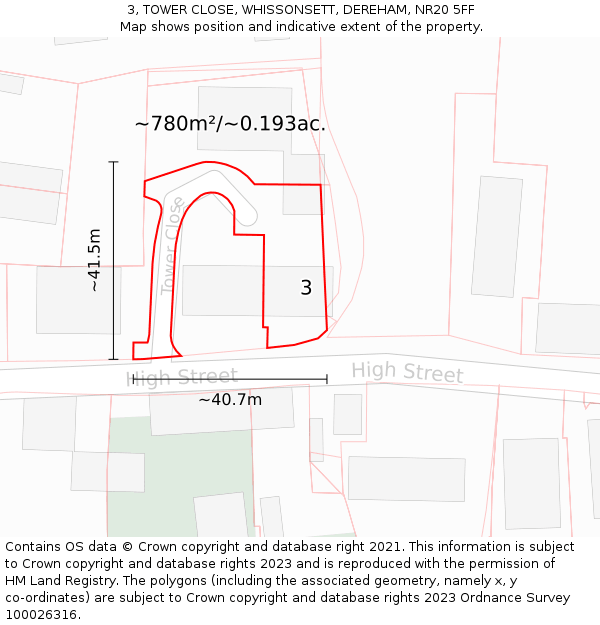 3, TOWER CLOSE, WHISSONSETT, DEREHAM, NR20 5FF: Plot and title map