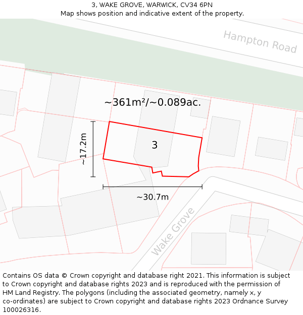 3, WAKE GROVE, WARWICK, CV34 6PN: Plot and title map