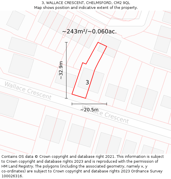 3, WALLACE CRESCENT, CHELMSFORD, CM2 9QL: Plot and title map