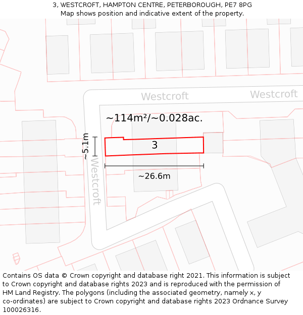 3, WESTCROFT, HAMPTON CENTRE, PETERBOROUGH, PE7 8PG: Plot and title map