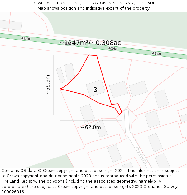 3, WHEATFIELDS CLOSE, HILLINGTON, KING'S LYNN, PE31 6DF: Plot and title map