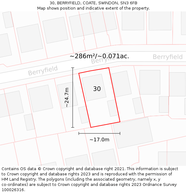 30, BERRYFIELD, COATE, SWINDON, SN3 6FB: Plot and title map
