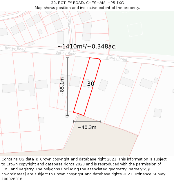 30, BOTLEY ROAD, CHESHAM, HP5 1XG: Plot and title map