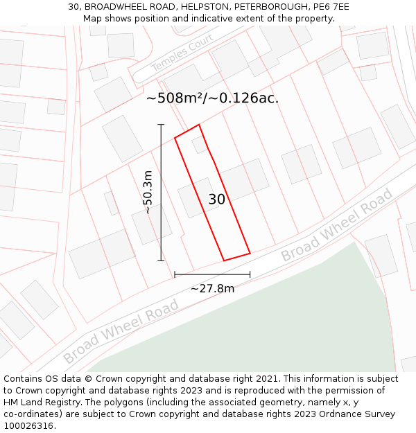 30, BROADWHEEL ROAD, HELPSTON, PETERBOROUGH, PE6 7EE: Plot and title map