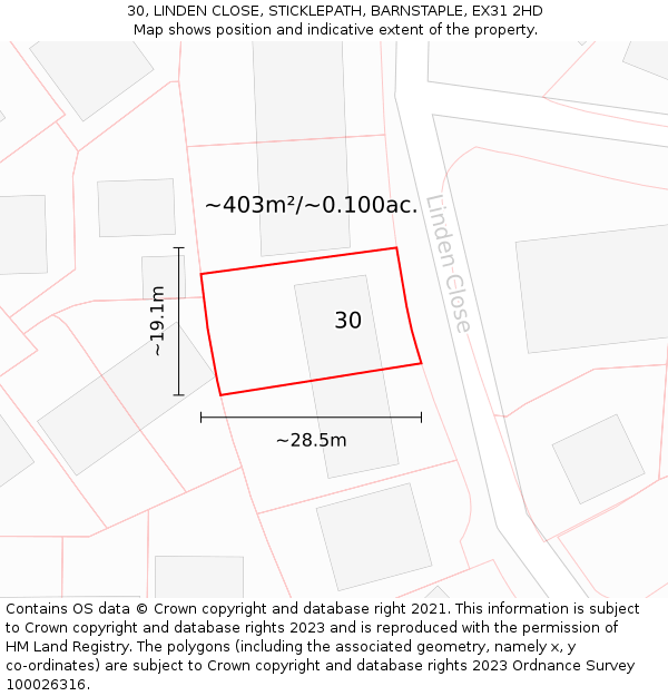 30, LINDEN CLOSE, STICKLEPATH, BARNSTAPLE, EX31 2HD: Plot and title map