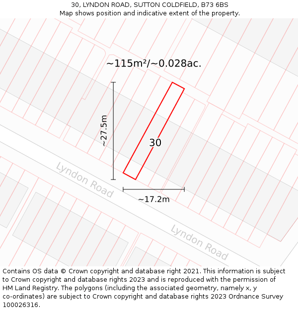 30, LYNDON ROAD, SUTTON COLDFIELD, B73 6BS: Plot and title map