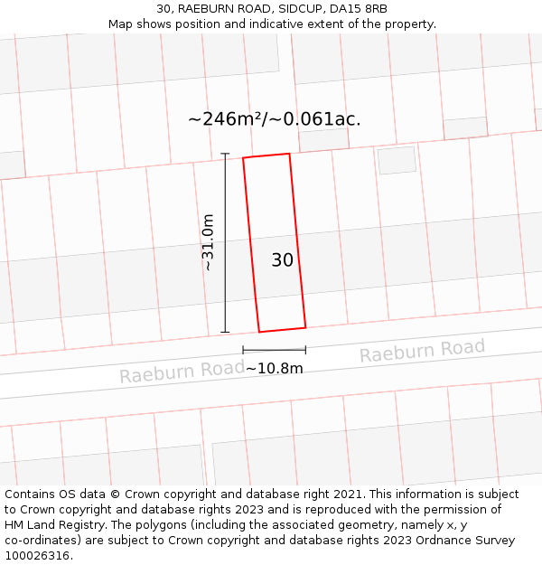 30, RAEBURN ROAD, SIDCUP, DA15 8RB: Plot and title map