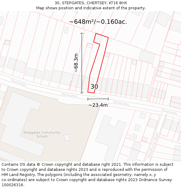 30, STEPGATES, CHERTSEY, KT16 8HX: Plot and title map