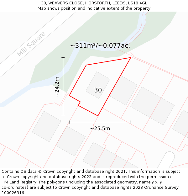 30, WEAVERS CLOSE, HORSFORTH, LEEDS, LS18 4GL: Plot and title map