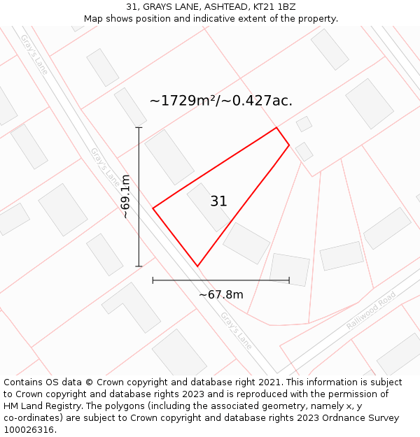 31, GRAYS LANE, ASHTEAD, KT21 1BZ: Plot and title map