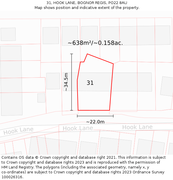31, HOOK LANE, BOGNOR REGIS, PO22 8AU: Plot and title map