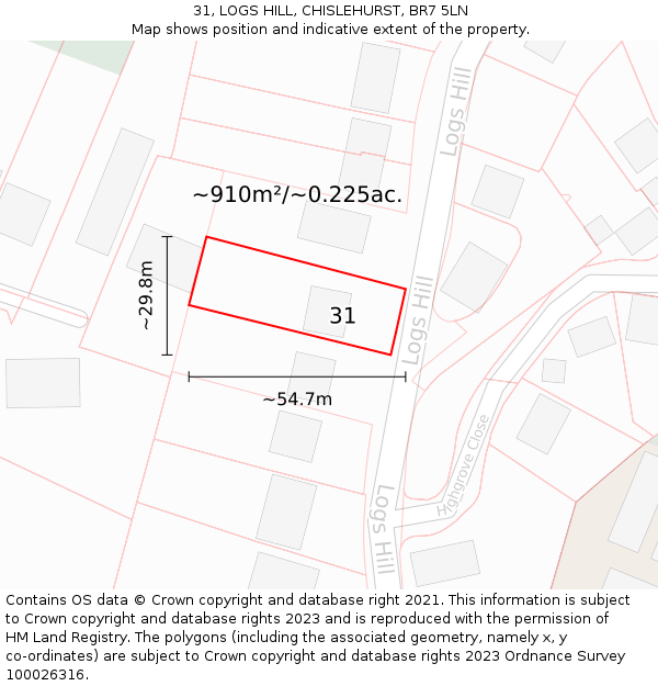 31, LOGS HILL, CHISLEHURST, BR7 5LN: Plot and title map