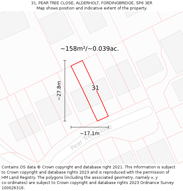 31, PEAR TREE CLOSE, ALDERHOLT, FORDINGBRIDGE, SP6 3ER: Plot and title map