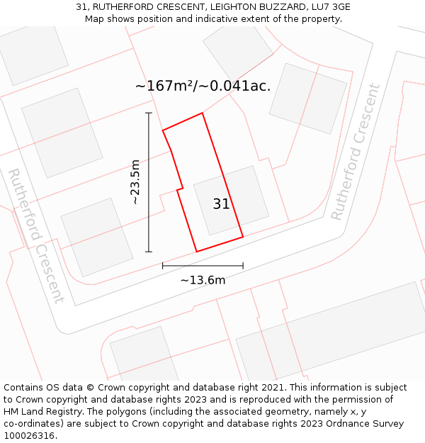 31, RUTHERFORD CRESCENT, LEIGHTON BUZZARD, LU7 3GE: Plot and title map