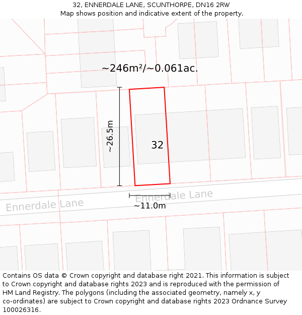 32, ENNERDALE LANE, SCUNTHORPE, DN16 2RW: Plot and title map