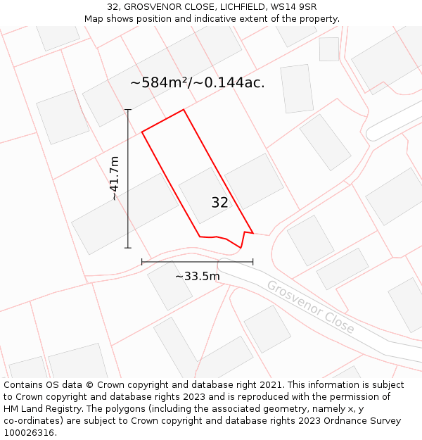 32, GROSVENOR CLOSE, LICHFIELD, WS14 9SR: Plot and title map