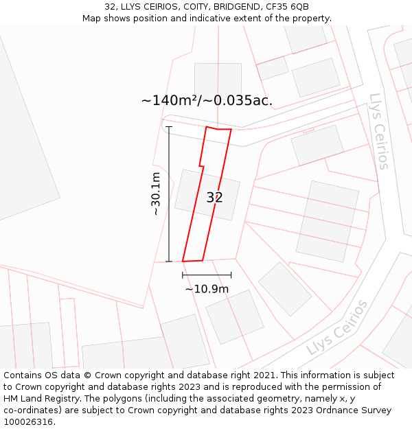 32, LLYS CEIRIOS, COITY, BRIDGEND, CF35 6QB: Plot and title map