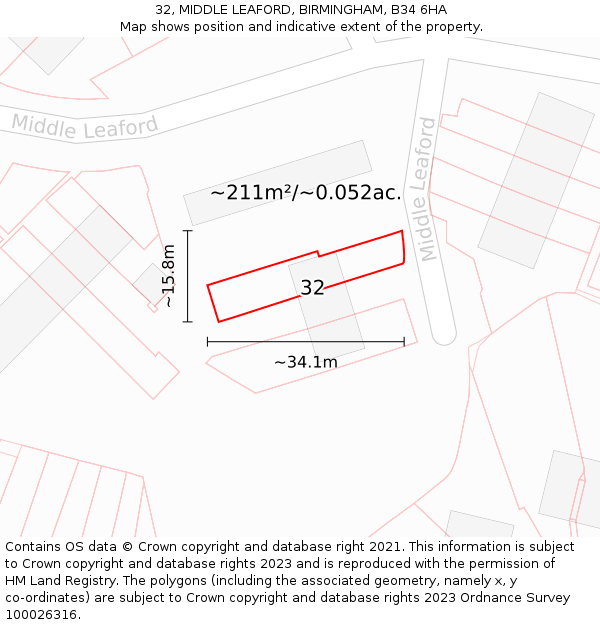 32, MIDDLE LEAFORD, BIRMINGHAM, B34 6HA: Plot and title map