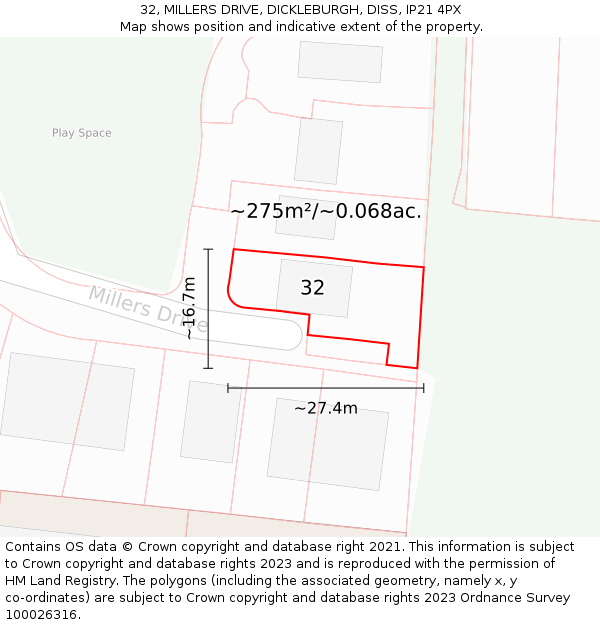 32, MILLERS DRIVE, DICKLEBURGH, DISS, IP21 4PX: Plot and title map