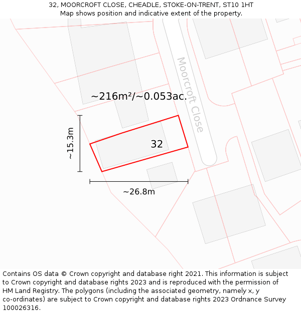 32, MOORCROFT CLOSE, CHEADLE, STOKE-ON-TRENT, ST10 1HT: Plot and title map