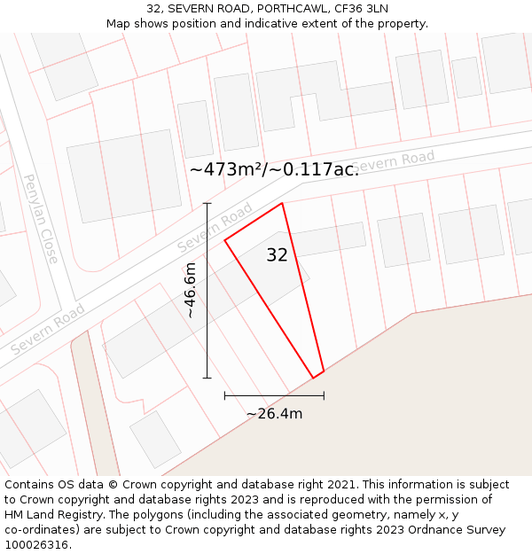 32, SEVERN ROAD, PORTHCAWL, CF36 3LN: Plot and title map