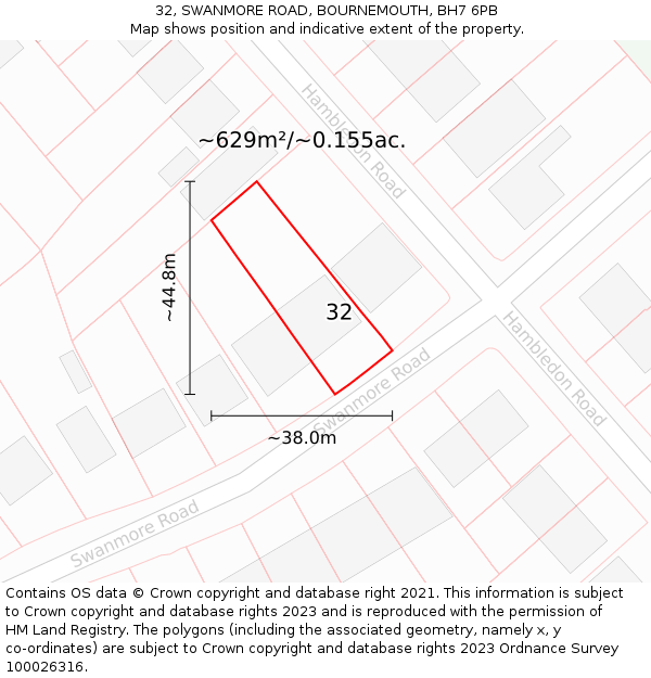 32, SWANMORE ROAD, BOURNEMOUTH, BH7 6PB: Plot and title map