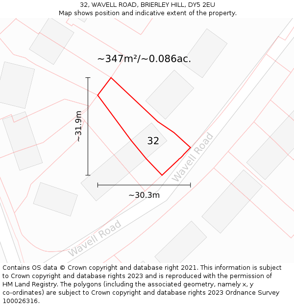 32, WAVELL ROAD, BRIERLEY HILL, DY5 2EU: Plot and title map