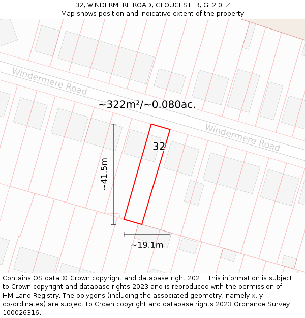 32, WINDERMERE ROAD, GLOUCESTER, GL2 0LZ: Plot and title map