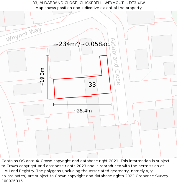 33, ALDABRAND CLOSE, CHICKERELL, WEYMOUTH, DT3 4LW: Plot and title map