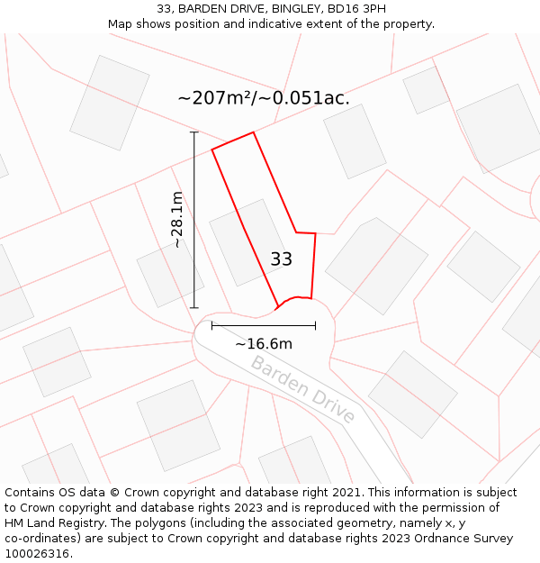 33, BARDEN DRIVE, BINGLEY, BD16 3PH: Plot and title map
