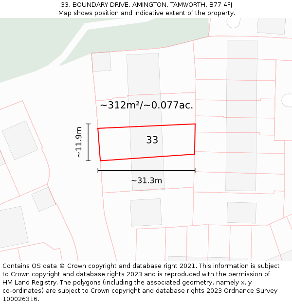 33, BOUNDARY DRIVE, AMINGTON, TAMWORTH, B77 4FJ: Plot and title map