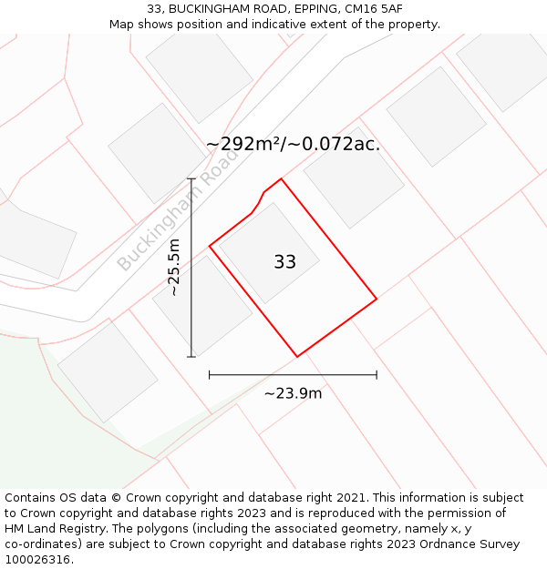 33, BUCKINGHAM ROAD, EPPING, CM16 5AF: Plot and title map