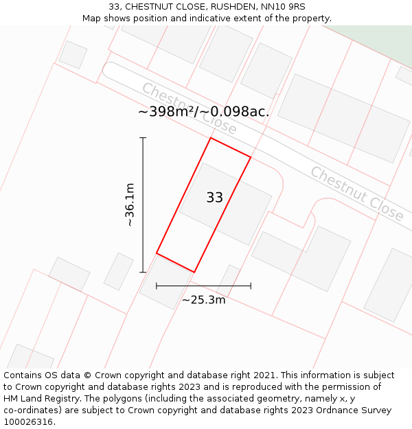 33, CHESTNUT CLOSE, RUSHDEN, NN10 9RS: Plot and title map