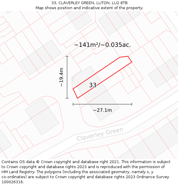 33, CLAVERLEY GREEN, LUTON, LU2 8TB: Plot and title map