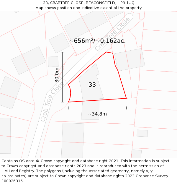 33, CRABTREE CLOSE, BEACONSFIELD, HP9 1UQ: Plot and title map
