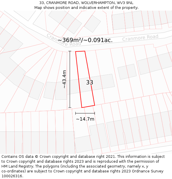 33, CRANMORE ROAD, WOLVERHAMPTON, WV3 9NL: Plot and title map