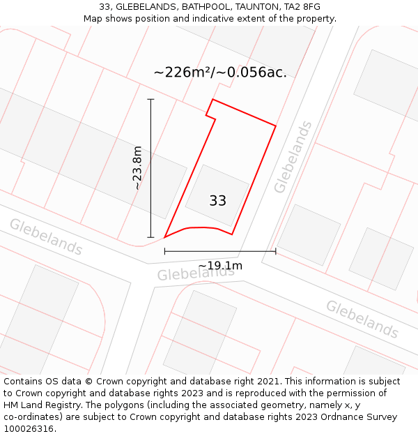 33, GLEBELANDS, BATHPOOL, TAUNTON, TA2 8FG: Plot and title map