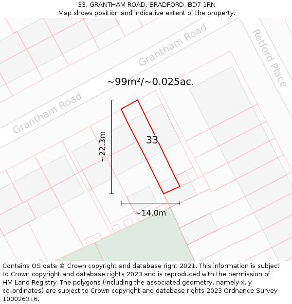 33, GRANTHAM ROAD, BRADFORD, BD7 1RN: Plot and title map
