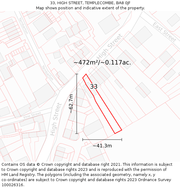 33, HIGH STREET, TEMPLECOMBE, BA8 0JF: Plot and title map