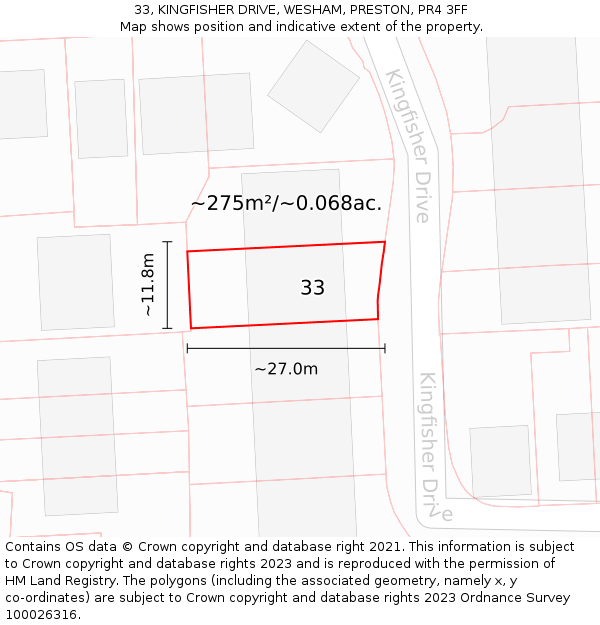 33, KINGFISHER DRIVE, WESHAM, PRESTON, PR4 3FF: Plot and title map