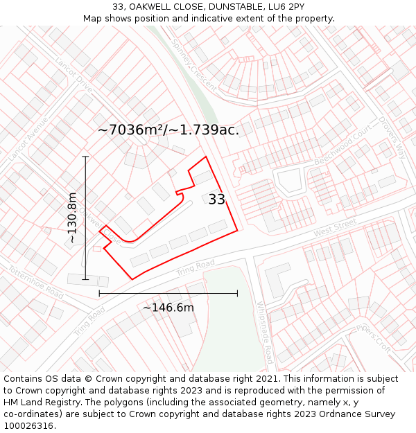 33, OAKWELL CLOSE, DUNSTABLE, LU6 2PY: Plot and title map