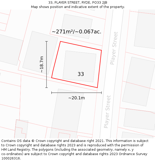 33, PLAYER STREET, RYDE, PO33 2JB: Plot and title map
