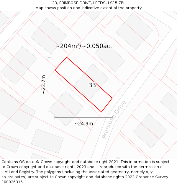 33, PRIMROSE DRIVE, LEEDS, LS15 7RL: Plot and title map
